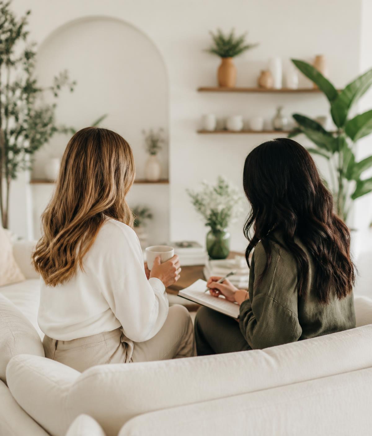 The two founders of Petals of Wellness sitting together in a bright, plant-filled studio